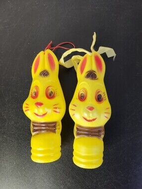 2 Vintage Blow Mold EASTER BUNNY Heads for Candy Tube Bank 6" Rabbits Yellow